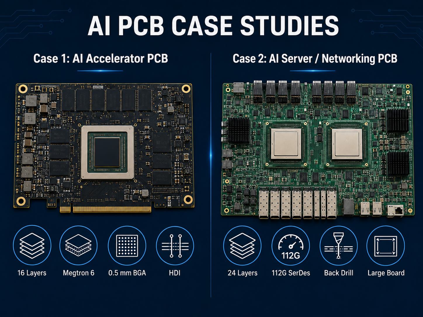 Two AI PCB manufacturing case studies comparing an AI accelerator PCB and an AI server networking PCB