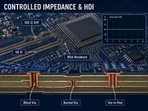 Controlled impedance and HDI illustration showing blind vias, buried vias, via-in-pad, BGA breakout and an illustrative TDR curve