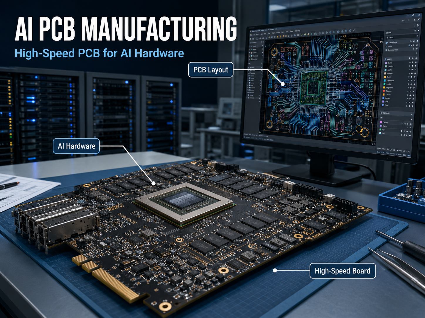 AI PCB manufacturing illustration showing a high-speed AI board, PCB layout, and AI server hardware