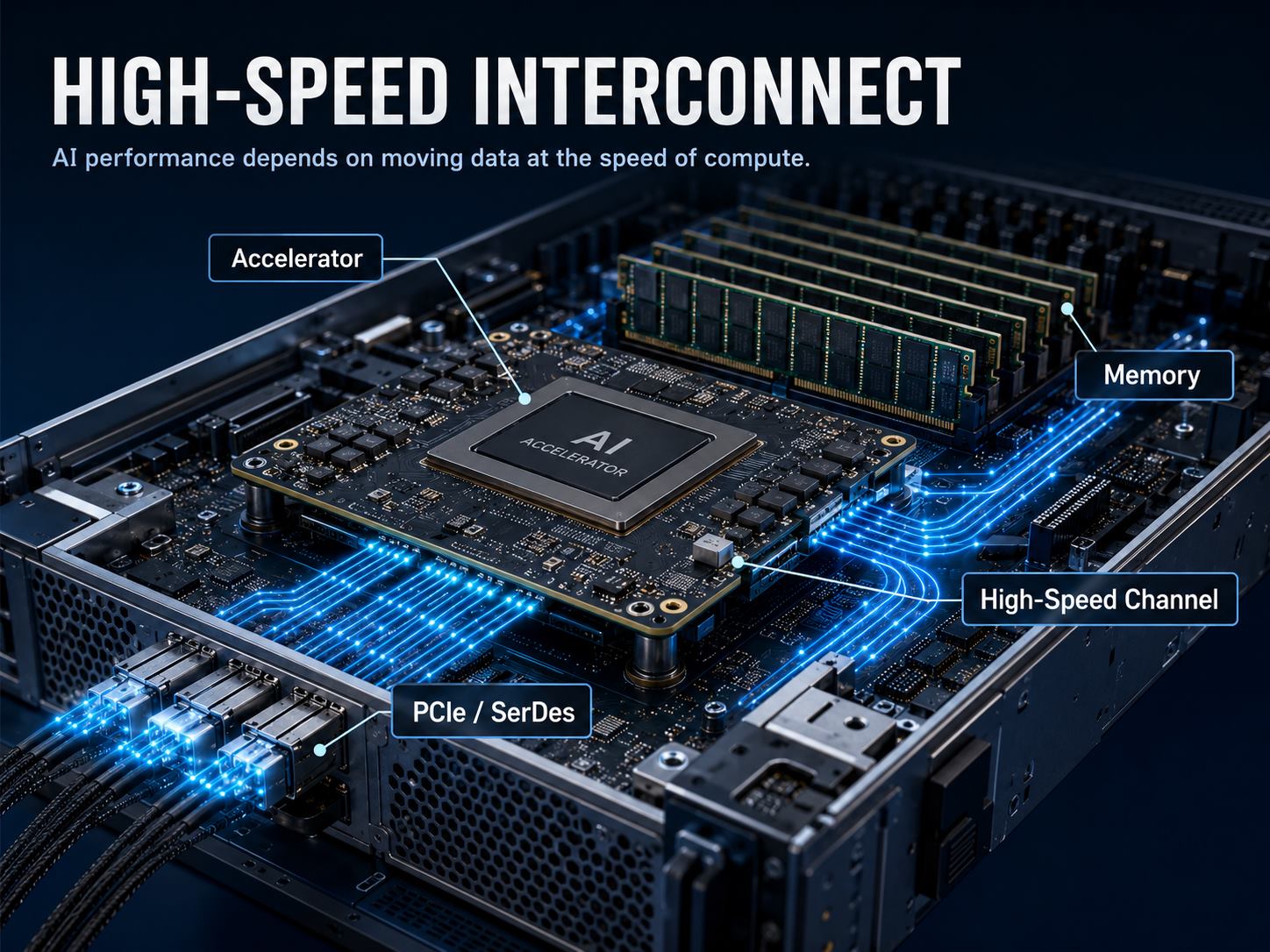 High-speed interconnect paths between AI accelerator, memory, and SerDes interfaces