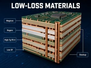 Multilayer PCB stackup illustrating low-loss material options for high-speed AI hardware