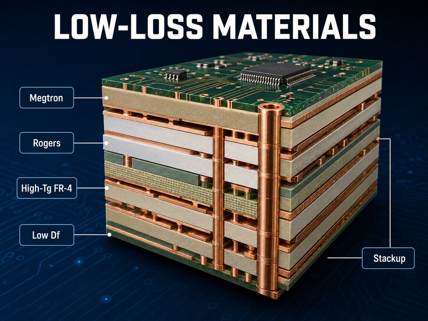 Multilayer PCB stackup illustrating low-loss material options for high-speed AI hardware