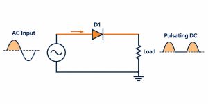 Half wave rectifier diagram with AC input, diode D1, load, and pulsating DC output