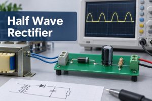 Half Wave Rectifier circuit board, transformer, capacitor, and oscilloscope waveform