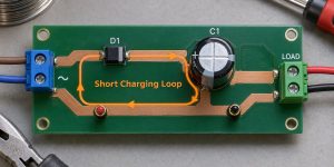PCB layout concept for a half wave rectifier showing a short charging loop around diode D1 and capacitor C1