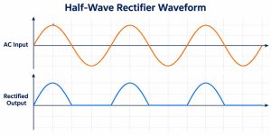 Half-Wave Rectifier Waveform comparing sinusoidal AC input with positive rectified output pulses