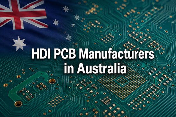 HDI PCB manufacturers in Australia, editorial image with the Australian flag, an HDI circuit board, and centred topic text