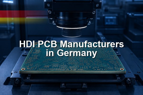 HDI PCB Manufacturers in Germany, illustrative HDI bare board under optical inspection with a German flag