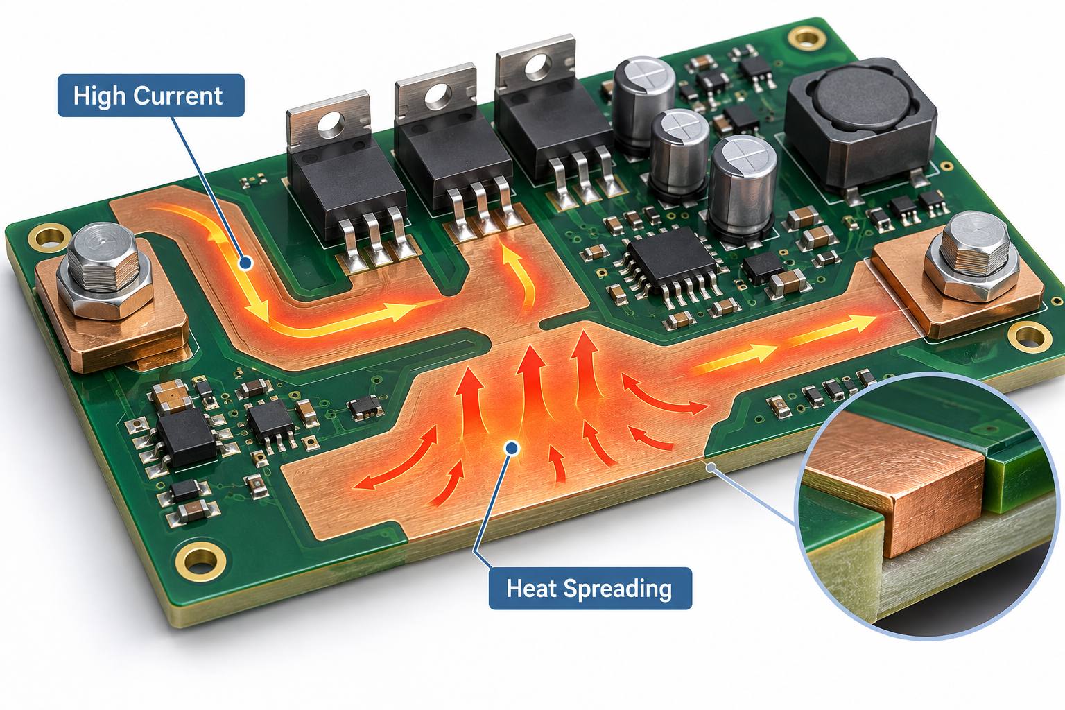 Heavy copper PCB design for high current and heat spreading