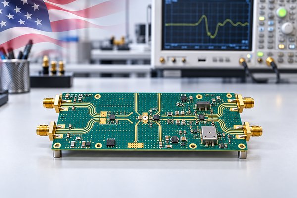 high-frequency PCB manufacturer in USA, RF circuit board on a laboratory test bench with a blended United States flag