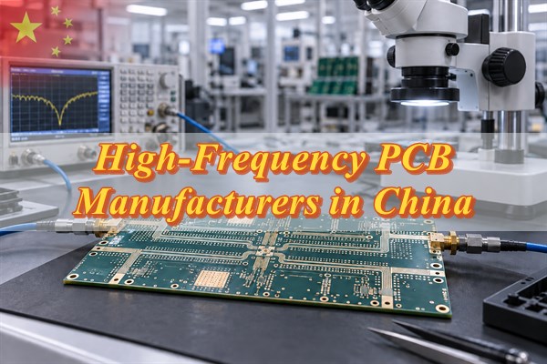 High-frequency PCB manufacturers in China, RF PCB inspection scene with a translucent Chinese flag and centered article keyword