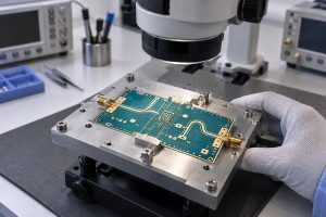 High frequency PCB in Switzerland under microscope inspection for an RFQ review