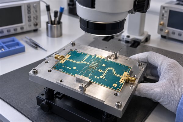 High frequency PCB in Switzerland under microscope inspection for an RFQ review