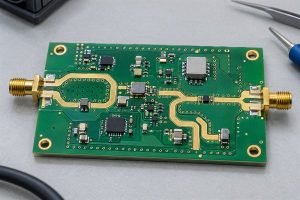 high-frequency PCB manufacturer in Israel, close-up of a high-frequency RF PCB with controlled-impedance traces and RF connectors
