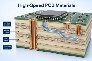 3D cutaway of high-speed PCB materials showing low-loss dielectric, smooth copper, glass weave, and reference planes