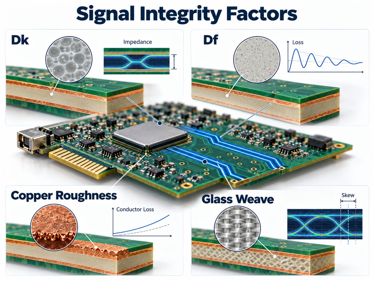High-speed PCB signal integrity factors including Dk, Df, copper roughness and glass weave
