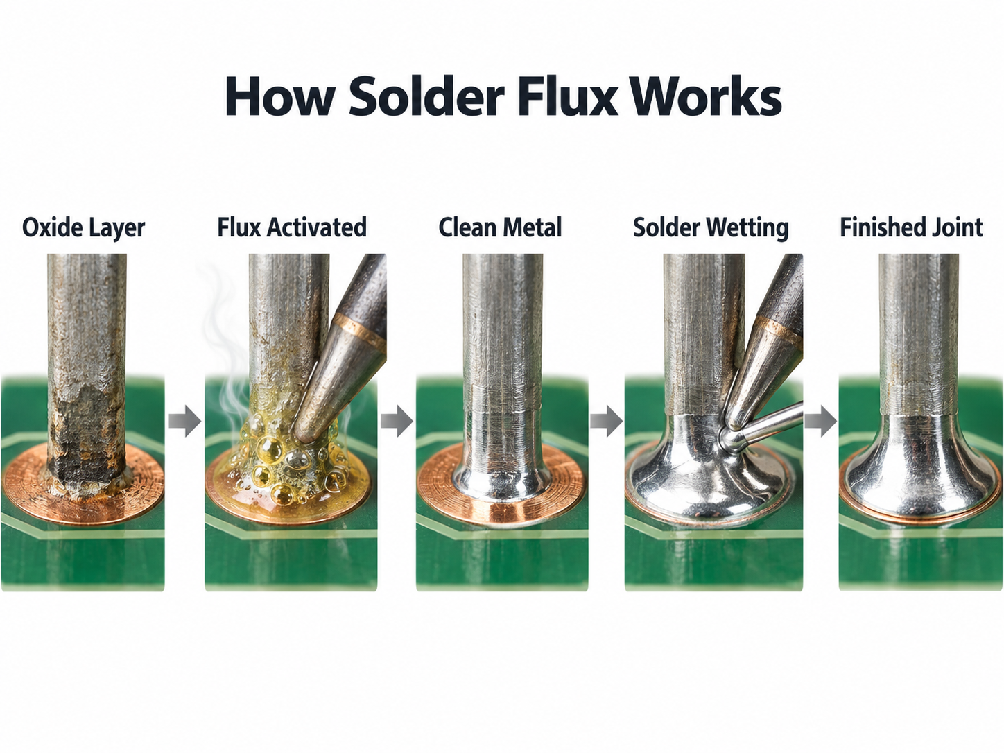 How Solder Flux Works Five-step diagram showing how solder flux removes oxide and improves solder wetting