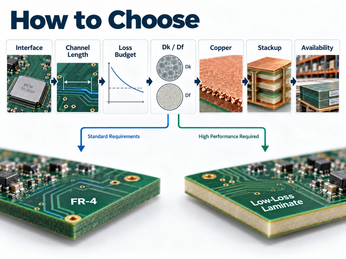 High-speed PCB material selection process based on interface, channel length, loss budget, Dk, Df, copper, stackup and material availability