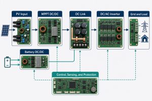 Hybrid inverter PCB diagram showing PV, battery, DC-link, inverter, grid, load, control, sensing, and protection blocks