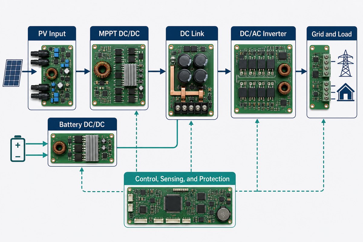 Hybrid inverter PCB diagram showing PV, battery, DC-link, inverter, grid, load, control, sensing, and protection blocks