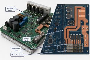 Hybrid inverter PCB layout showing short gate loop, isolation barrier, high-current path, and thermal via array