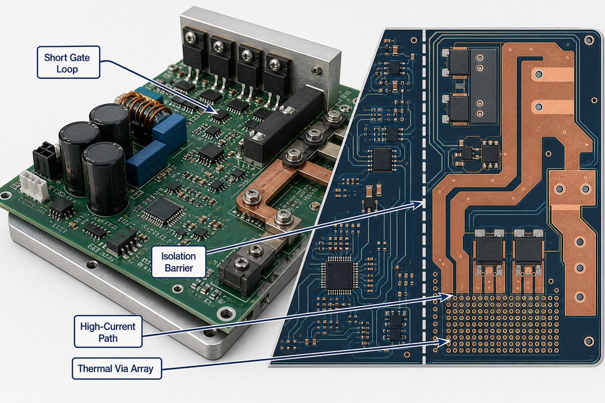 Hybrid inverter PCB layout showing short gate loop, isolation barrier, high-current path, and thermal via array