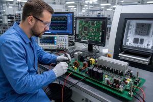 Engineer inspecting and functionally testing a hybrid inverter power-control PCBA