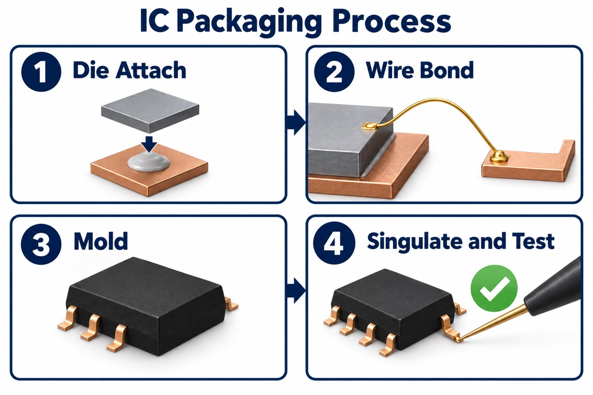 Four simplified IC packaging stages: die attach, wire bond, mold, and singulate and test