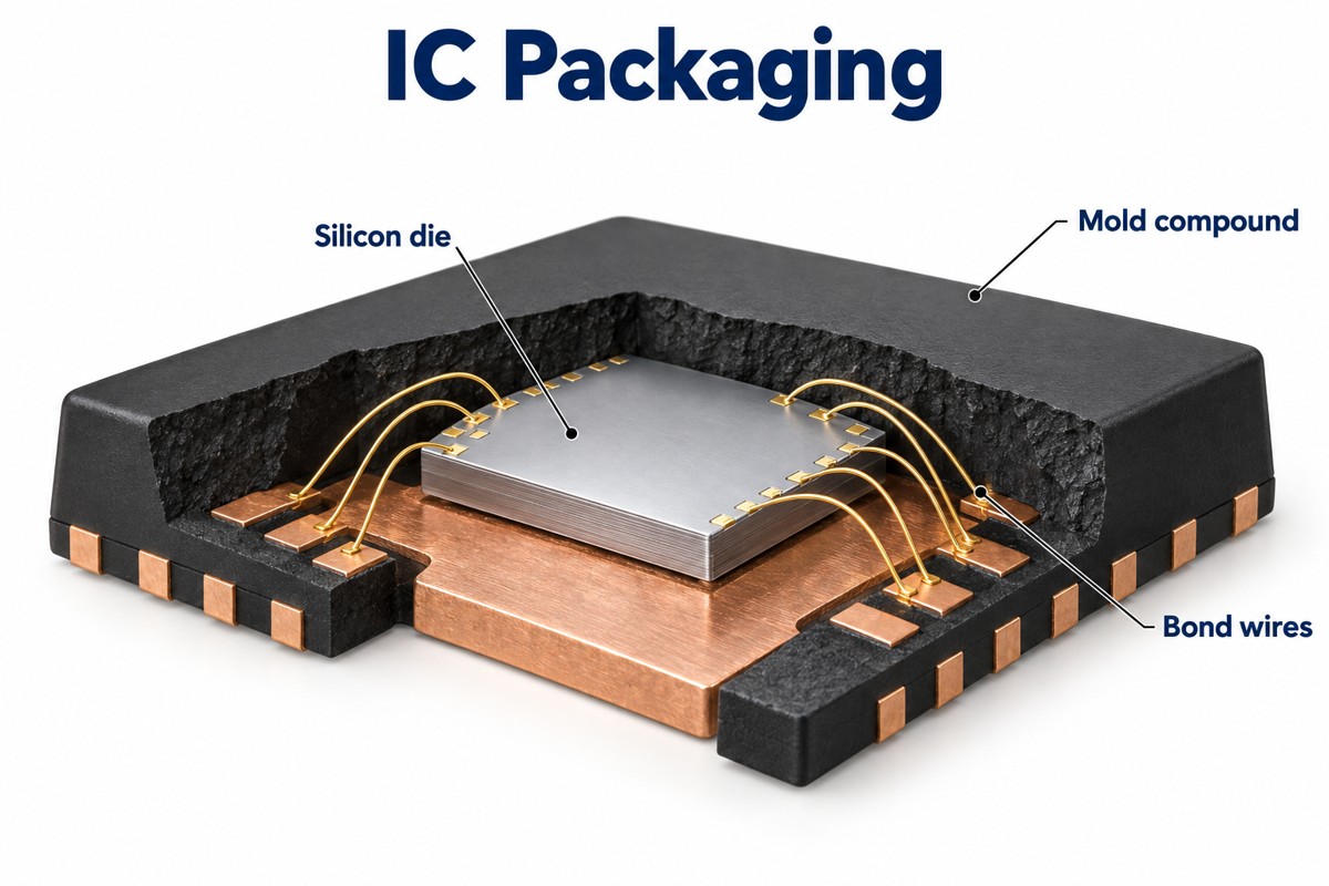 IC packaging cutaway showing a silicon die, bond wires and protective mold compound