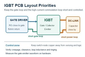 IGBT PCB layout showing short gate-drive and power commutation loops
