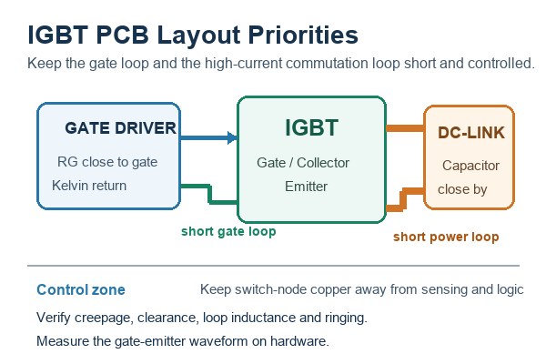 insulated gate bipolar transistor, PCB layout showing short gate and power commutation loops