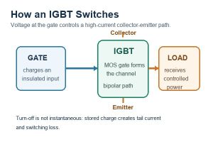 IGBT working principle showing insulated gate control and collector-to-emitter power flow