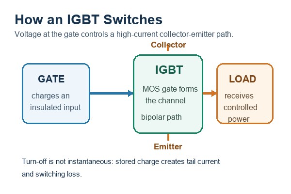 insulated gate bipolar transistor, diagram of gate control and collector-to-emitter power flow