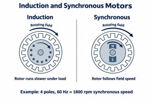Induction rotor slip compared with synchronized rotor and field speeds
