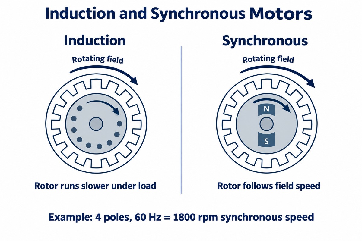 Induction rotor slip compared with synchronized rotor and field speeds