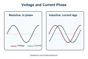 Inductive load vs resistive load idealized voltage and current phase comparison