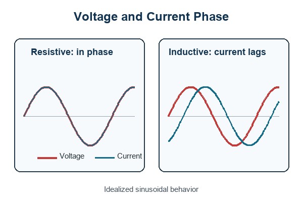 inductive load vs resistive load, idealized voltage and current phase comparison