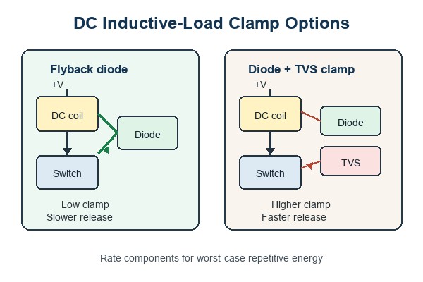 inductive load vs resistive load, DC coil flyback diode and TVS clamp options
