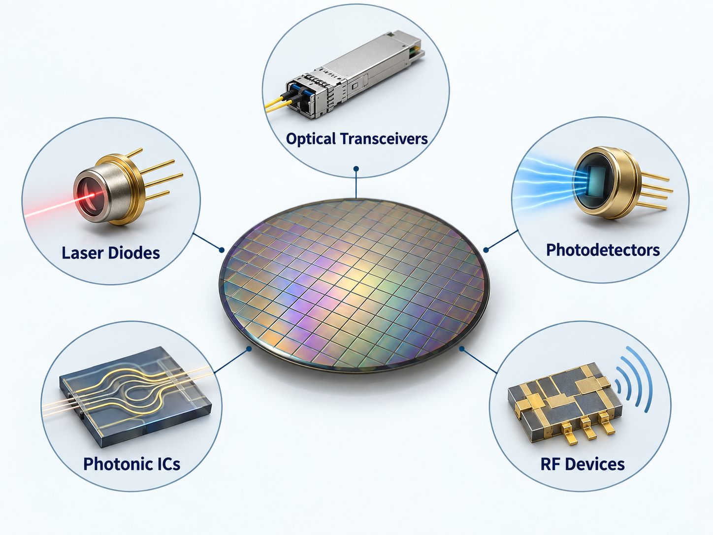 InP substrate applications including optical transceivers, laser diodes, photodetectors, photonic ICs, and RF devices