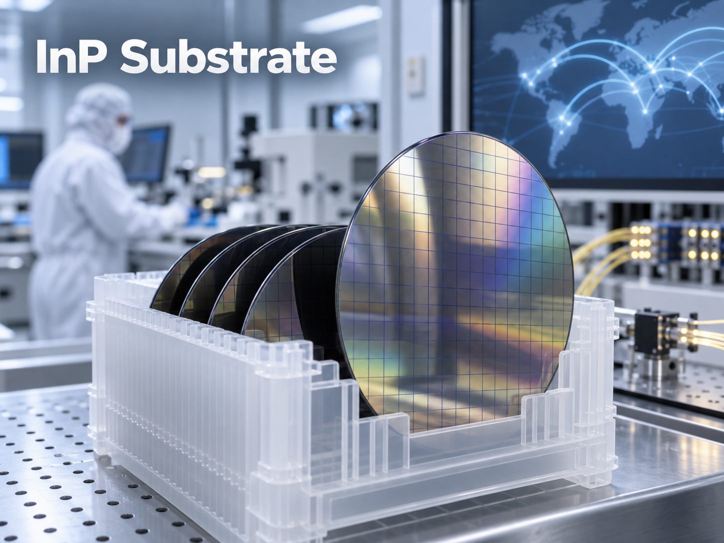 InP substrate wafers in a semiconductor photonics laboratory