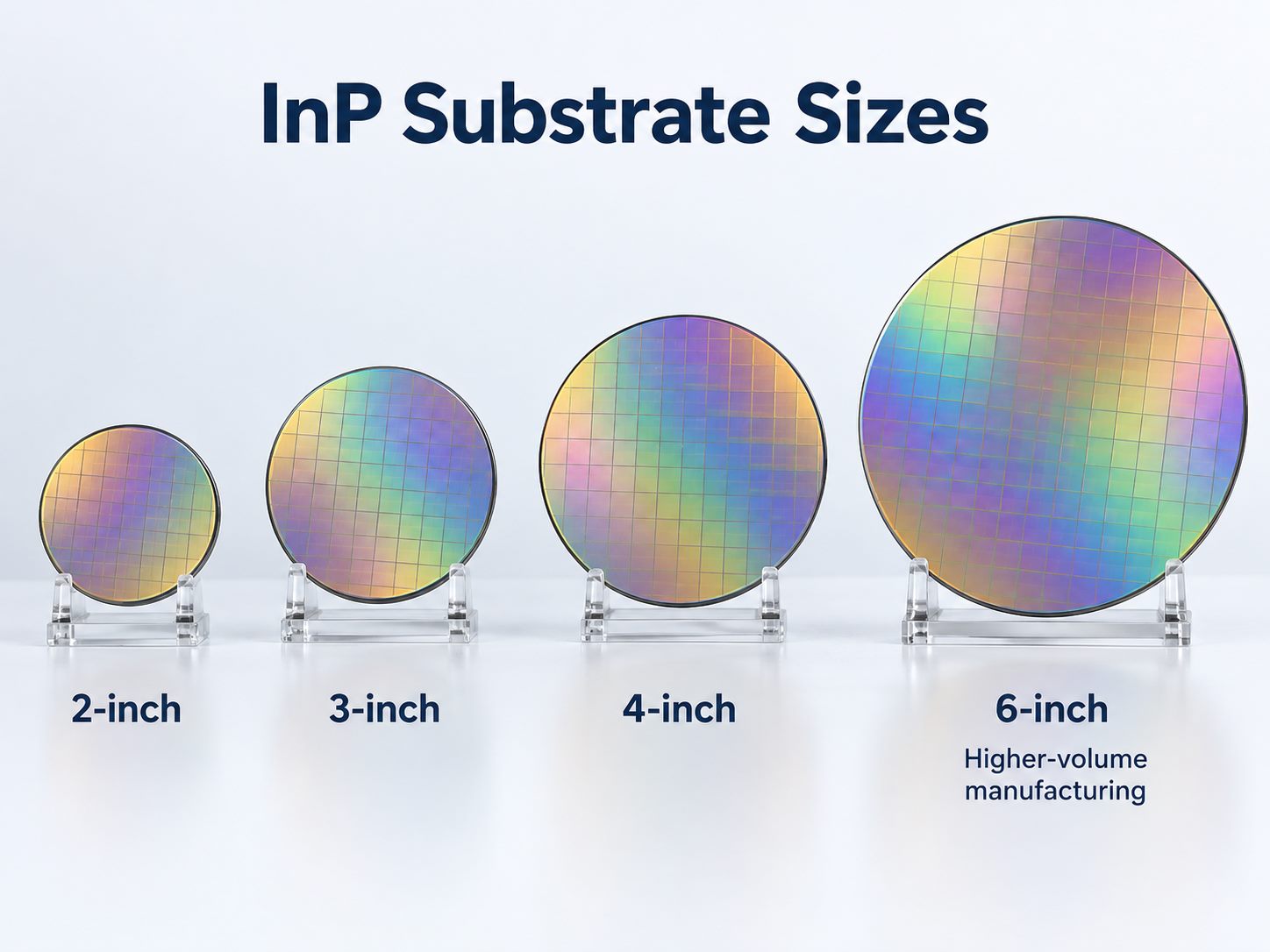 Comparison of 2-inch, 3-inch, 4-inch, and 6-inch InP substrate wafer sizes