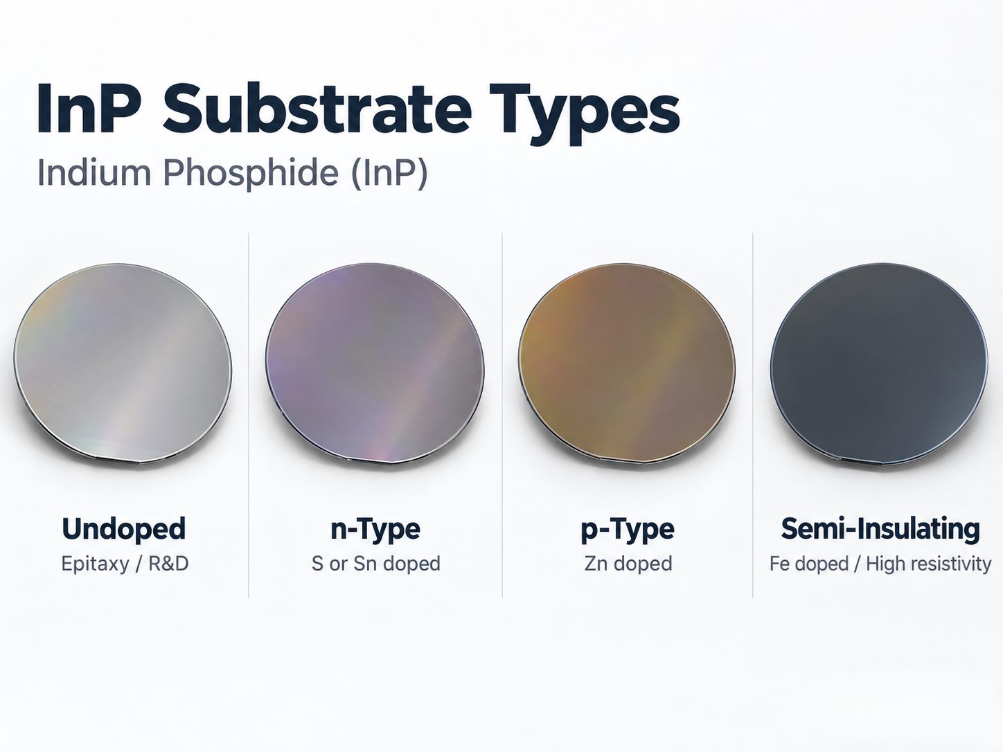 Undoped, n-type, p-type, and semi-insulating InP substrate types