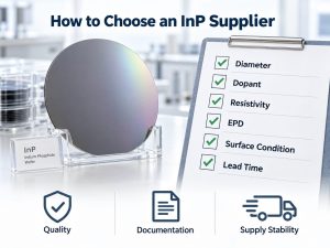 Checklist for choosing an InP substrate supplier based on diameter, dopant, resistivity, EPD, surface condition, and lead time