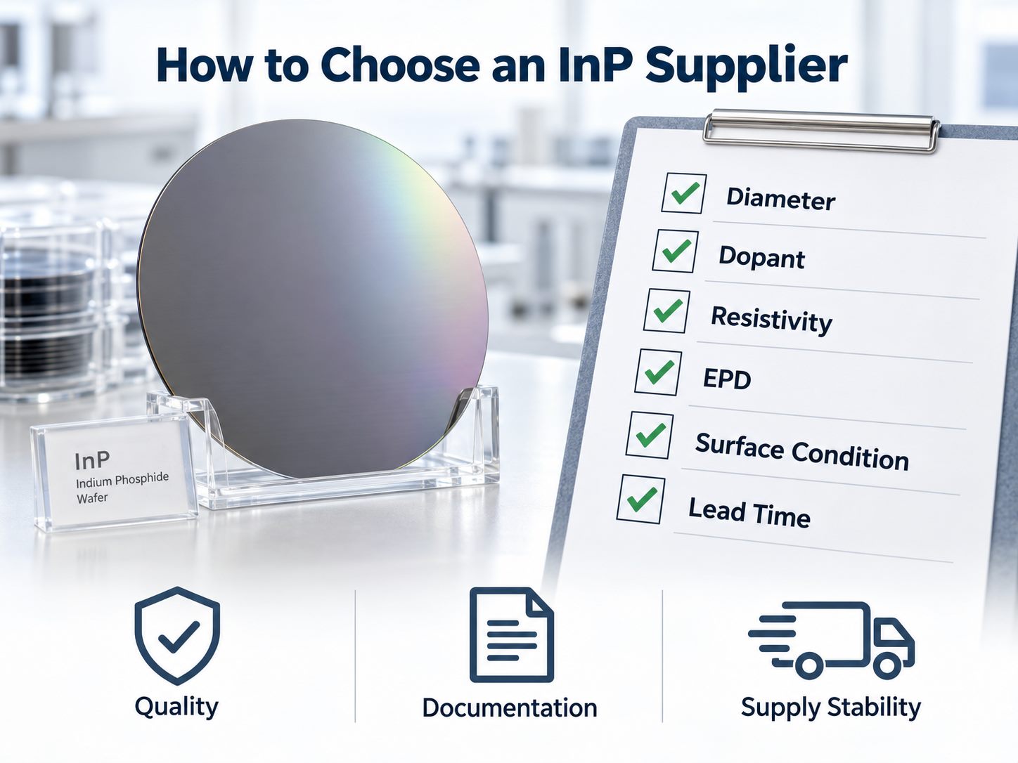 Checklist for choosing an InP substrate supplier based on diameter, dopant, resistivity, EPD, surface condition, and lead time