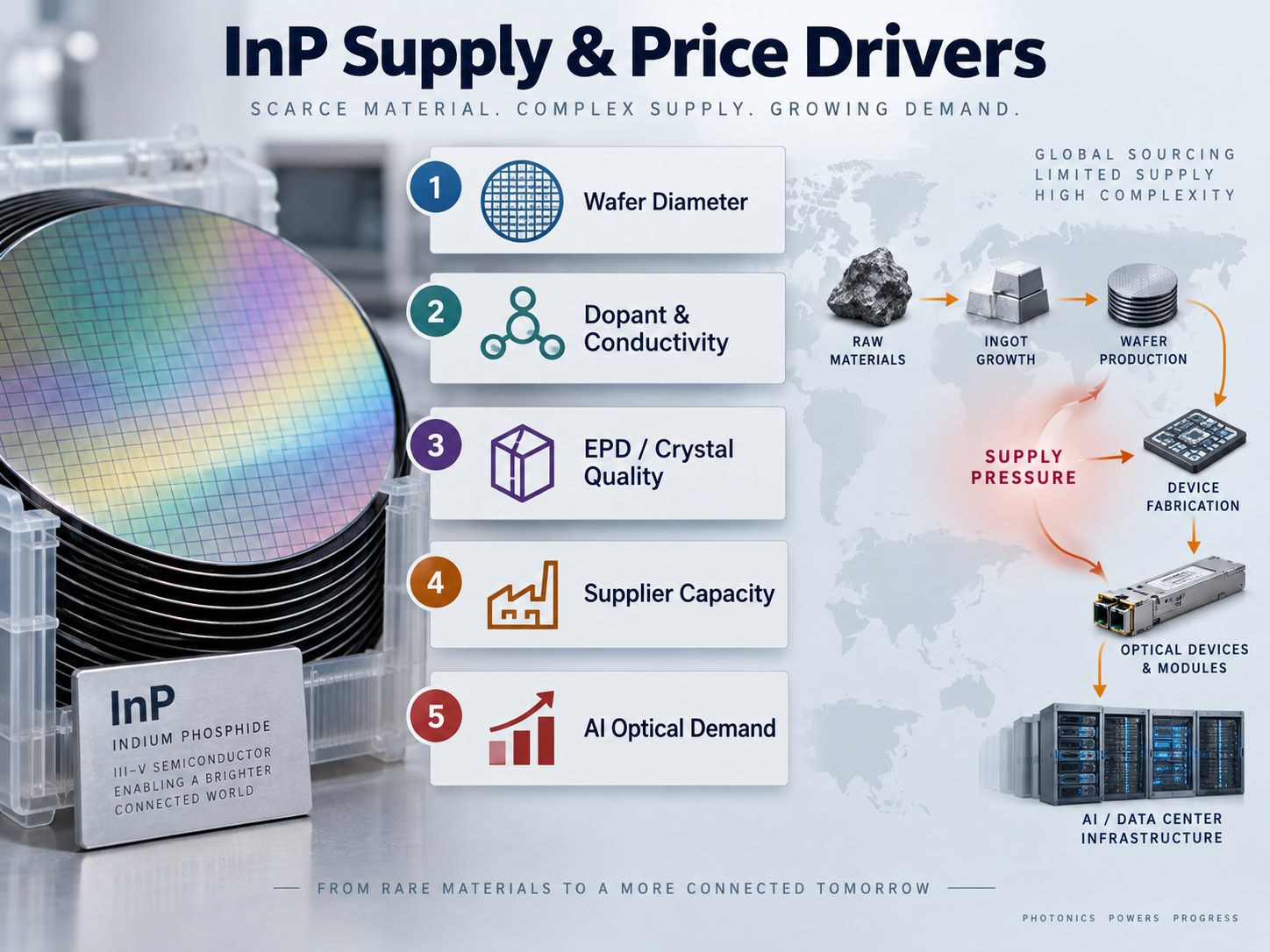 InP substrate supply and price drivers including wafer diameter, dopant, EPD, supplier capacity, and AI optical demand