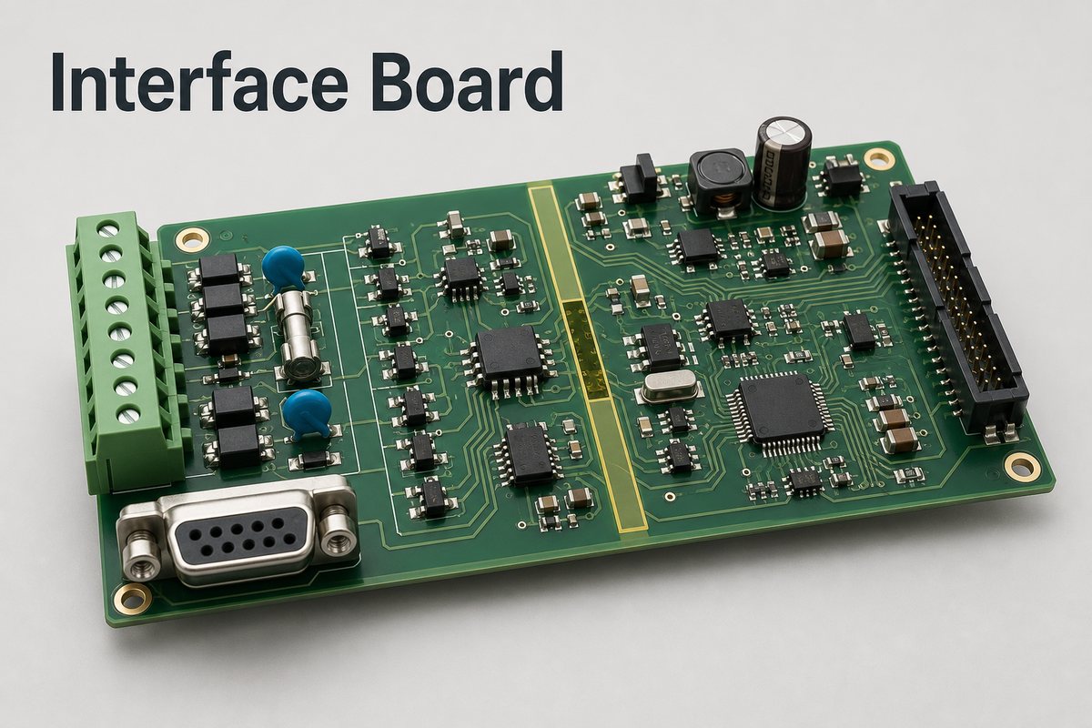 Interface Board with industrial connectors, protection, signal conditioning, and controller sections