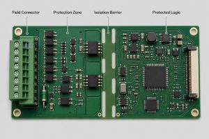 Interface board PCB layout zones showing connector, protection, isolation, signal conditioning, and controller-side routing