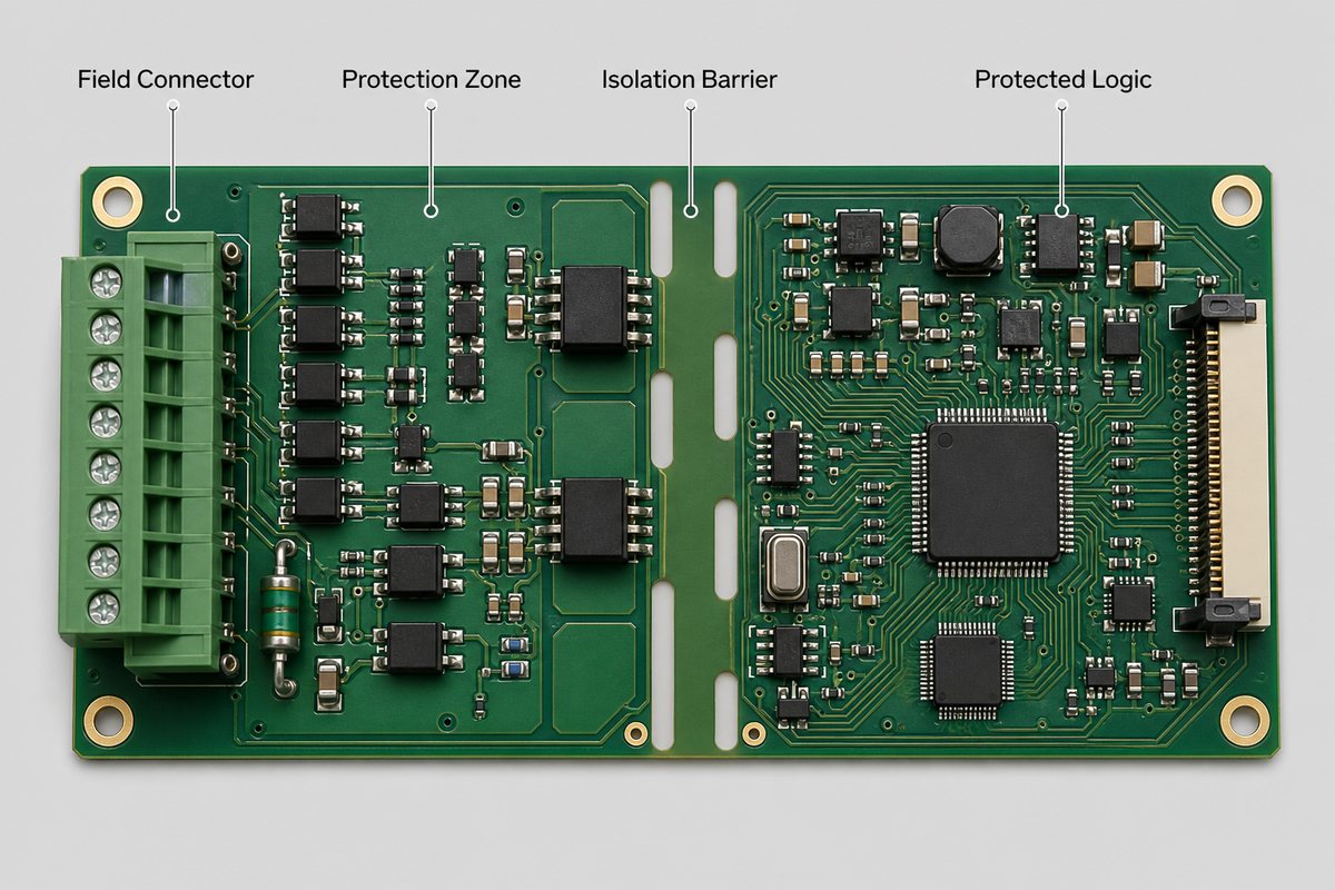 Interface board PCB layout zones showing connector, protection, isolation, signal conditioning, and controller-side routing