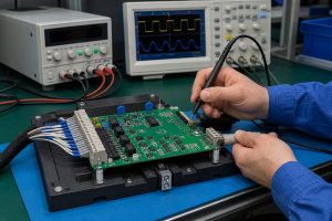 Functional testing of an assembled interface board with fixture, oscilloscope, and connector harness