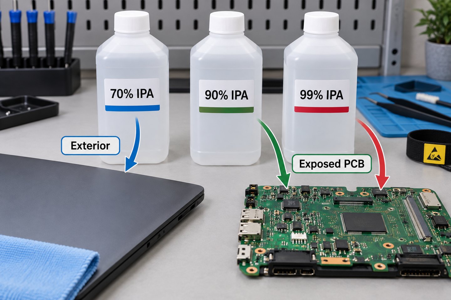 Comparison of 70 percent, 90 percent, and 99 percent IPA for exterior and exposed PCB cleaning